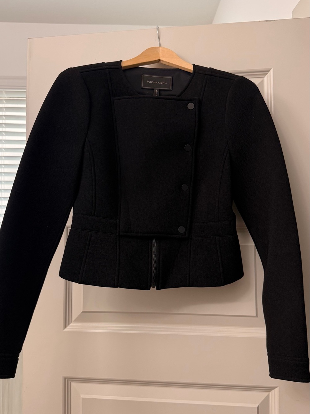 BCBGMaxAzria Black Asymmetric Peplum Blazer